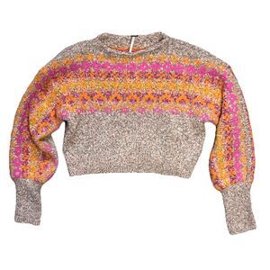 Free People Fair Isle Knit Sweater Size M Pink & Orange Balloon Sleeve Cropped